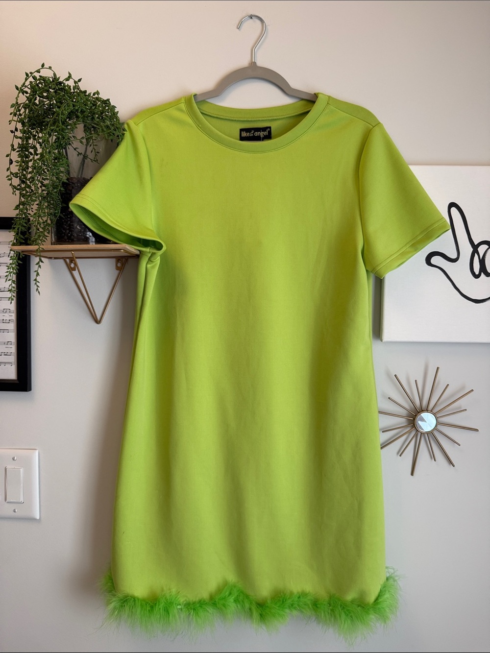 Deadstock Y2K Lime Green Feather Hem T-Shirt Dress